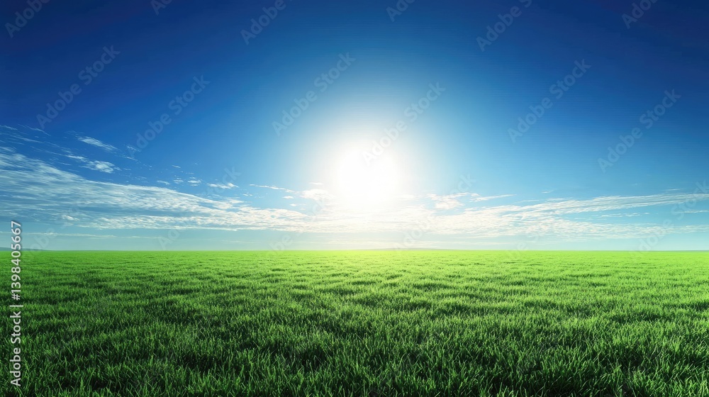 Fototapeta premium Vibrant Green Field Under a Sunny Blue Sky