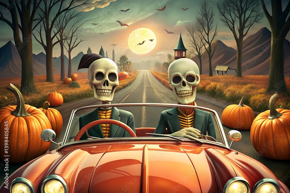 Retro Halloween Skeleton Couple Cruising in Spooky Town