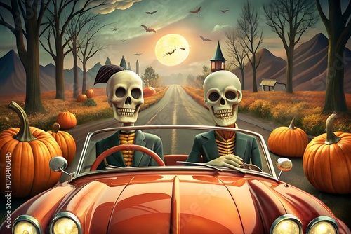 Obraz na płótnie Retro Halloween Skeleton Couple Cruising in Spooky Town w salonie