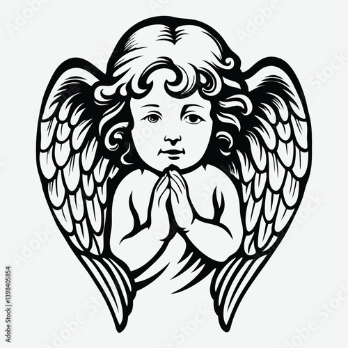 A serene black and white illustration of a praying cherub angel with majestic wings