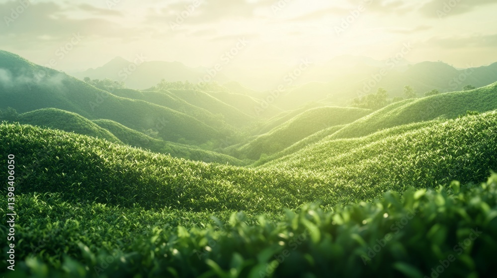 Breathtaking sunrise over lush tea plantations scenic landscape tranquil environment aerial view nature's beauty