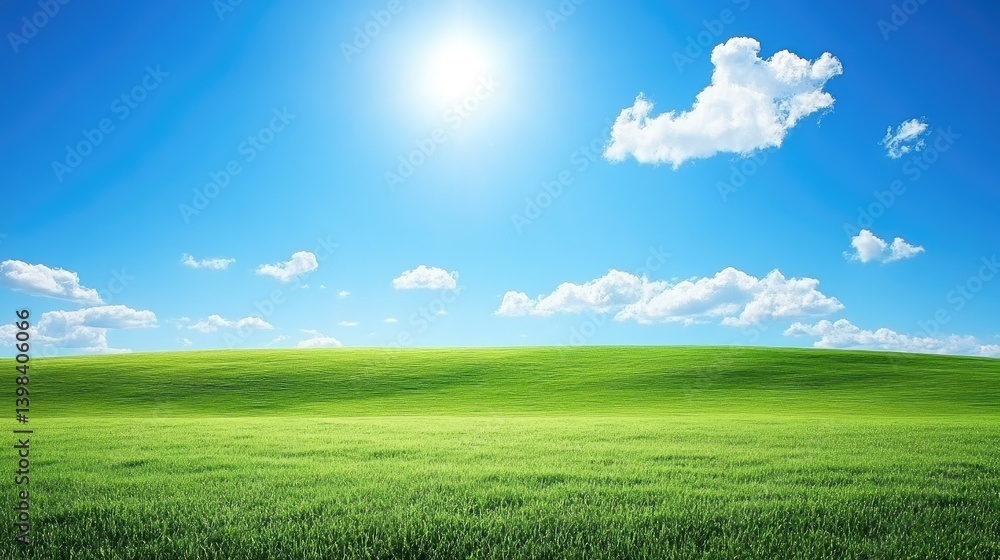 Obraz premium Sunny Day Over Rolling Green Field And Blue Sky