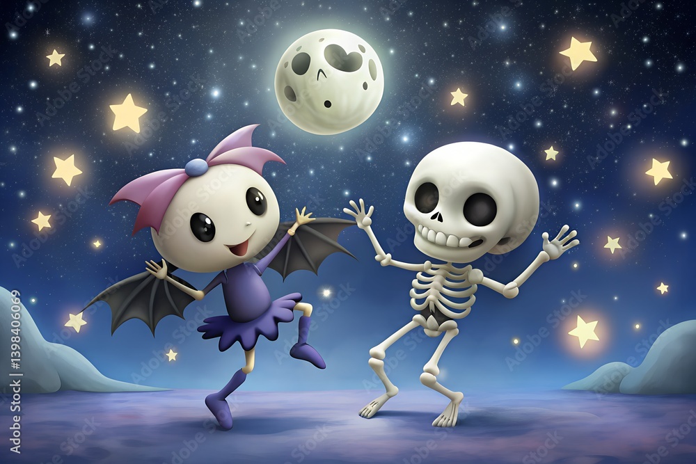 Cute Cartoon Skeleton Dancing with Bat Under Starry Sky
