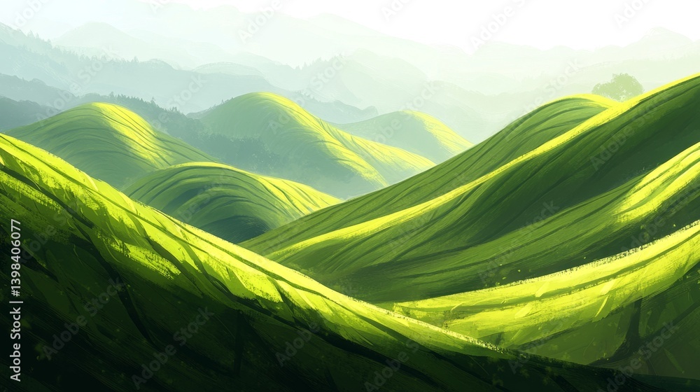 Breathtaking green hills landscape serene nature scene digital art lush environment panoramic view tranquility concept