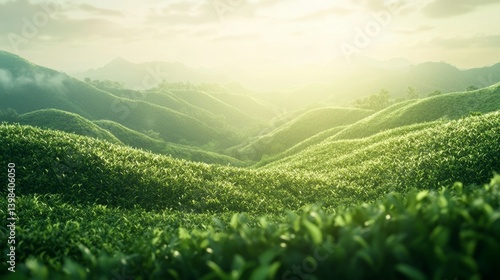 Obraz na płótnie Breathtaking sunrise over lush tea plantations scenic landscape tranquil environment aerial view nature's beauty w salonie