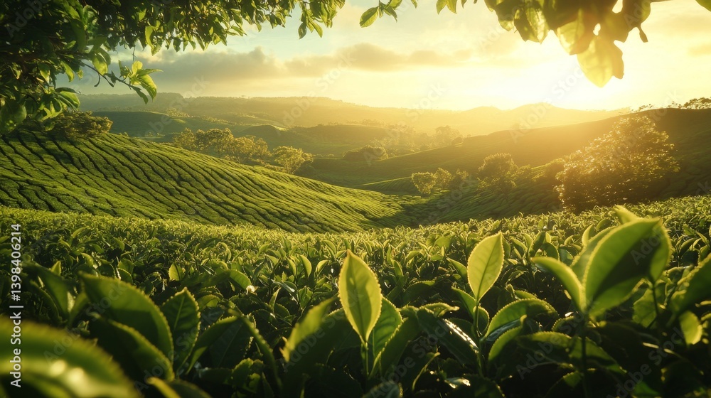 Sunrise over lush tea plantations scenic landscape nature photography vibrant hills serene viewpoint