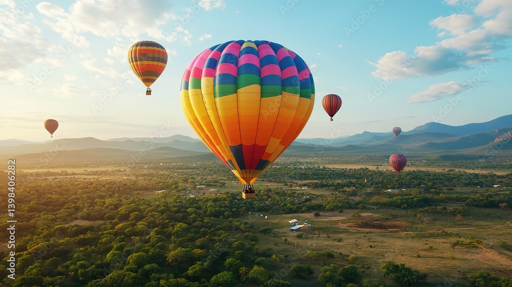 Obraz premium Colorful hot air balloon festival over scenic landscape aerial view vibrant experience nature's beauty