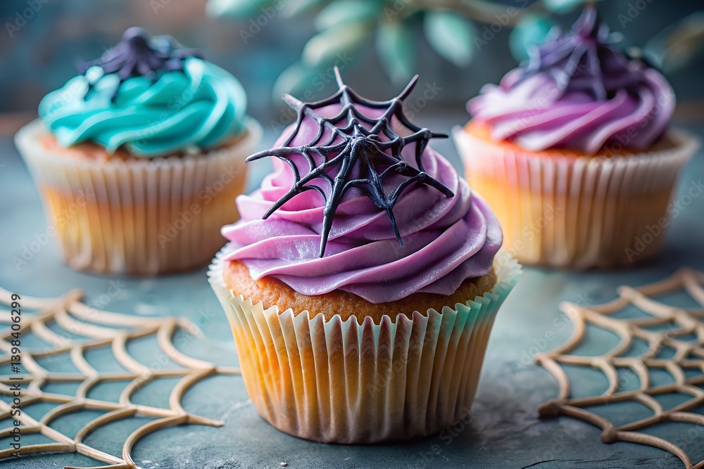Pastel Gothic Cupcake with Edible Spiderweb Frosting in Soft Focus