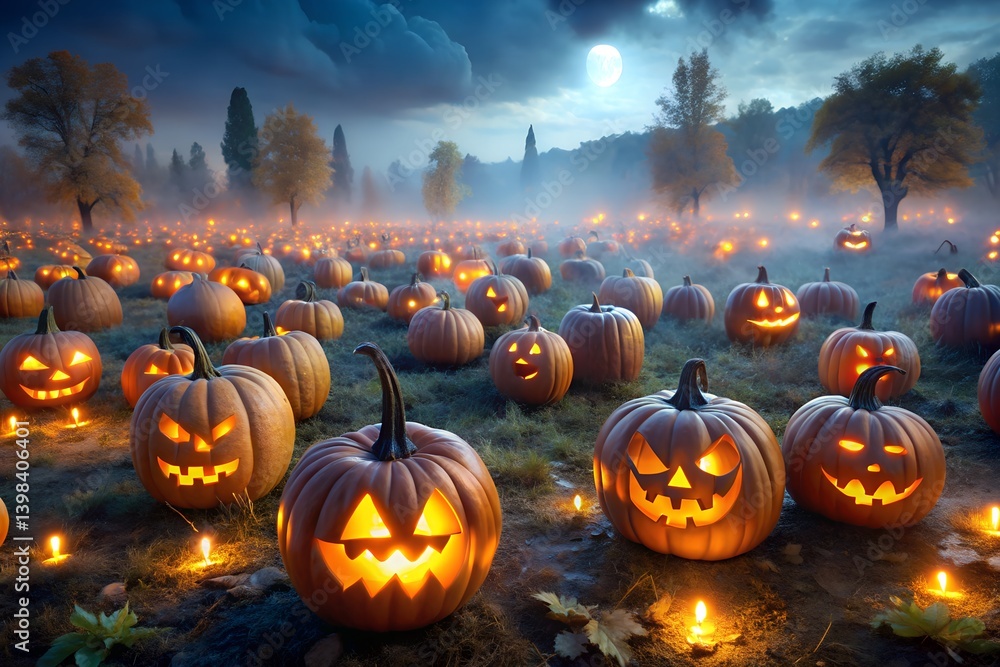 Misty Twilight Pumpkin Patch with Glowing Jack-o'-Lanterns and Fog