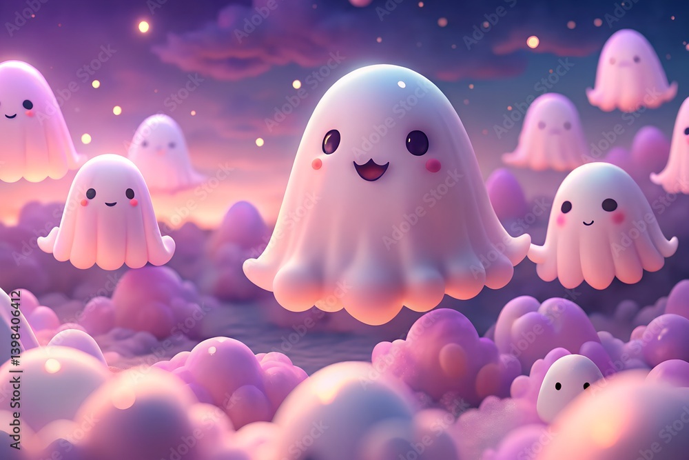 Cartoon Ghosts in Pastel Purple Sky – Cute Halloween Digital Art