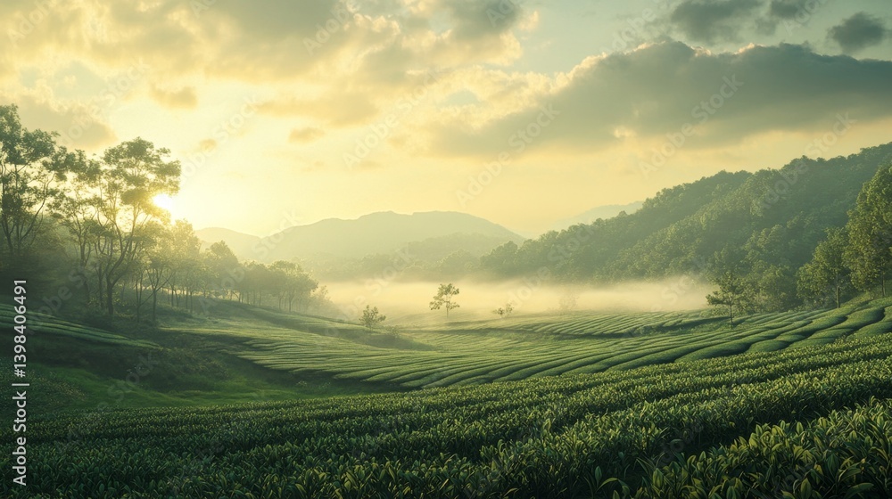 Sunrise over serene tea fields mountains in the background landscape photography tranquil environment wide angle view nature's beauty