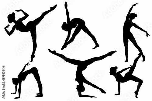 Silhouette Set of Female Dancers in Dynamic Poses – Black Ballet and Contemporary Dance Vector Collection for Artistic and Fitness Designs