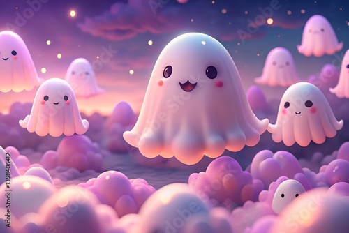 Obraz na płótnie Cartoon Ghosts in Pastel Purple Sky – Cute Halloween Digital Art w salonie