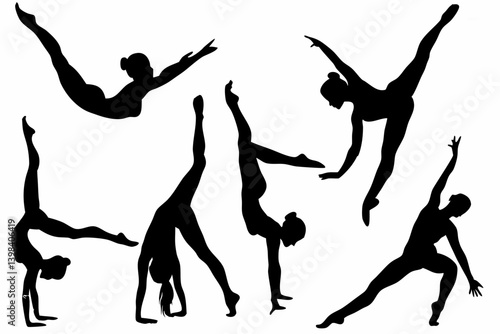 Silhouette Set of Female Dancers in Dynamic Poses – Black Ballet and Contemporary Dance Vector Collection for Artistic and Fitness Designs