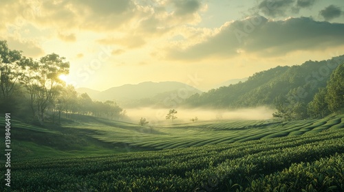 Obraz na płótnie Sunrise over serene tea fields mountains in the background landscape photography tranquil environment wide angle view nature's beauty w salonie