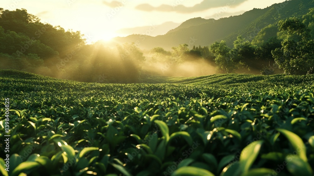 Sunrise over tea fields scenic landscape nature photography misty environment tranquil viewpoint serenity concept for seo impact