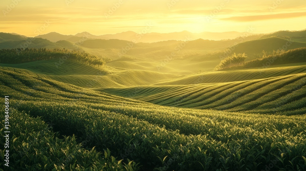 Breathtaking sunrise over lush tea fields hillside view landscape photography tranquil environment