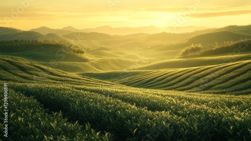 Obraz na płótnie Breathtaking sunrise over lush tea fields hillside view landscape photography tranquil environment w salonie