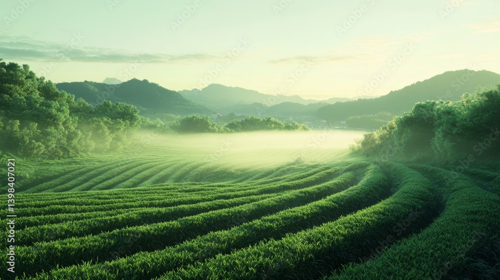 Morning serenity tea fields in misty mountains scenic landscape photography tranquil environment aerial view