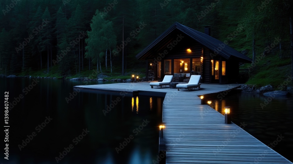 Fototapeta premium Lakefront cabin at dusk