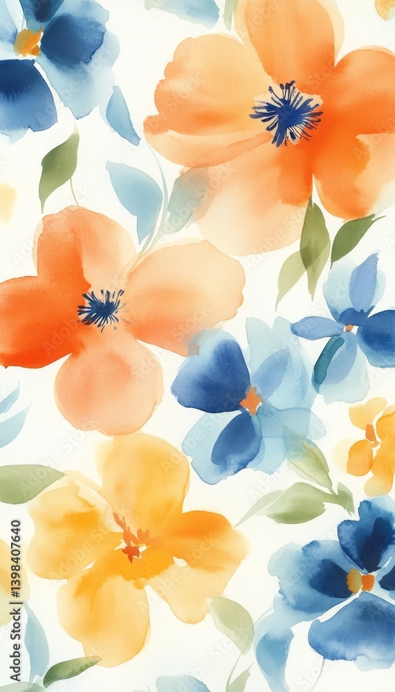 Obraz premium Vibrant watercolor floral background with orange and blue flowers for a calming atmosphere