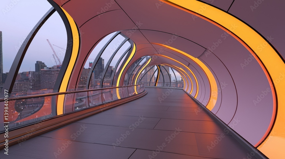 Obraz premium A modern futuristic arched bridge with illuminating neon lights