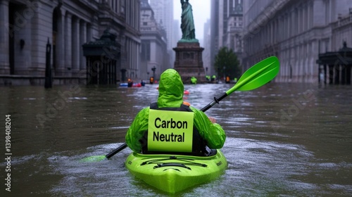 A kayaker in a bright green jacket navigates through flooded urban streets, with a famous statue visible in the background. The cloudy sky and rising water highlight the extreme weather