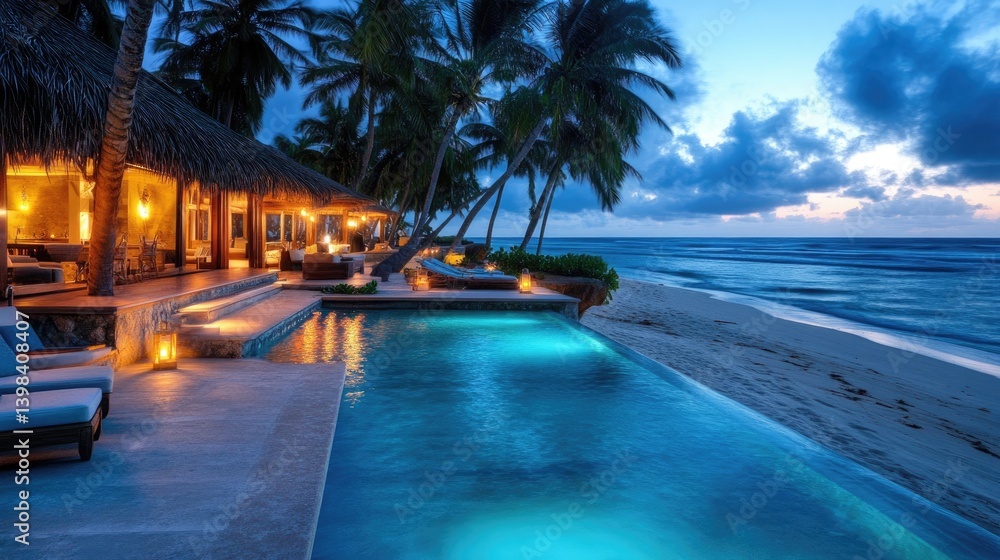 Fototapeta premium Luxurious Beachfront Villa with Infinity Pool at Dusk