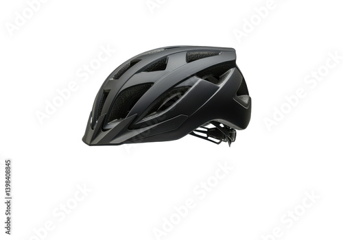 A black bicycle helmet floating horizontally in mid-air against a solid white background