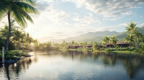 Wallpaper Mural Tropical Lakeside Cabanas Nestled Among Lush Palm Trees Torontodigital.ca