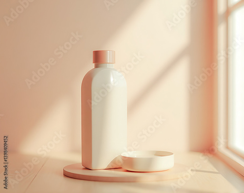 Blank packaging template. A sleek bottle with a cap in a serene setting. This minimalist design is perfect for beauty product presentations.