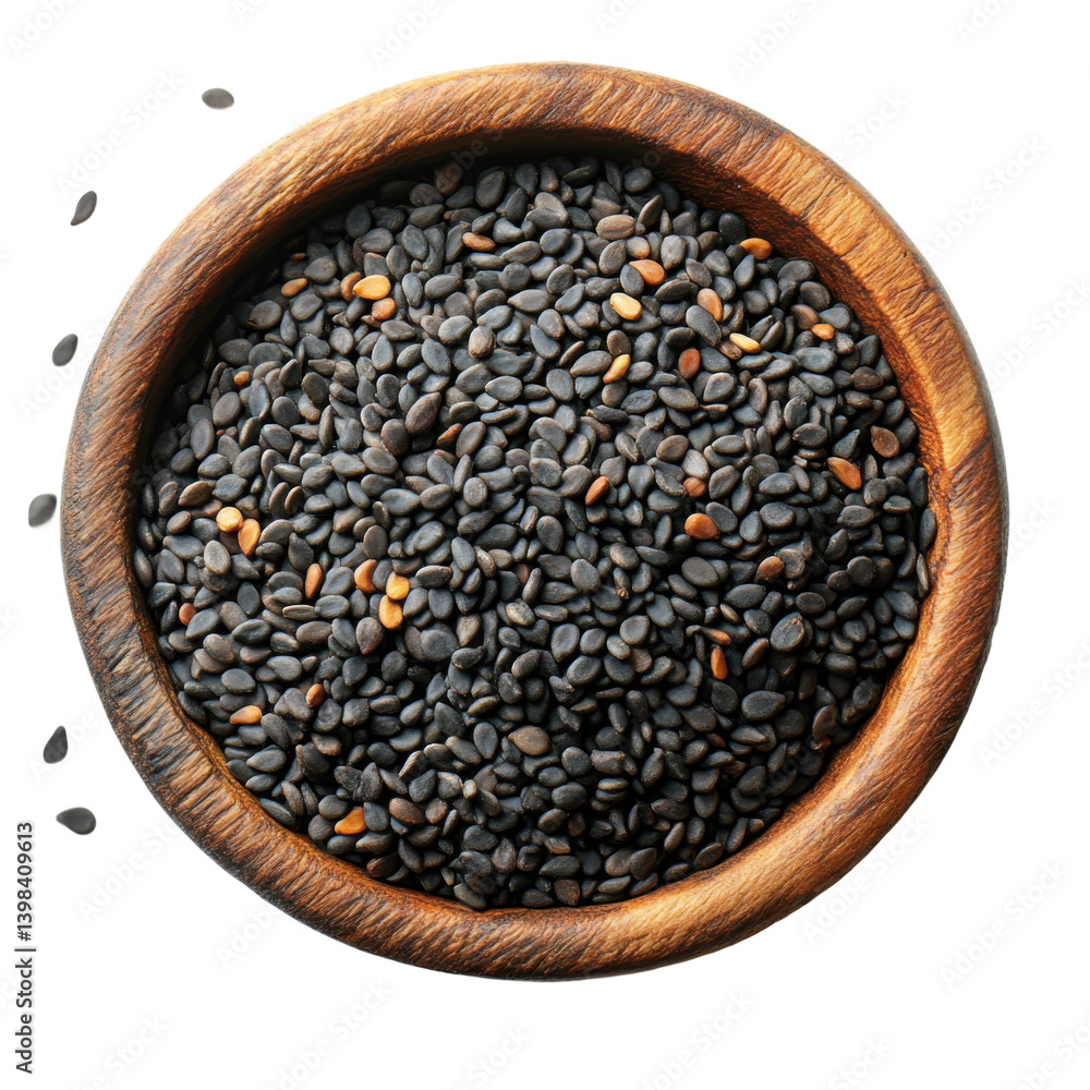 Harvesting black sesame seeds in a wooden bowl food photography Harvesting black sesame seeds in a wooden bowl food photography