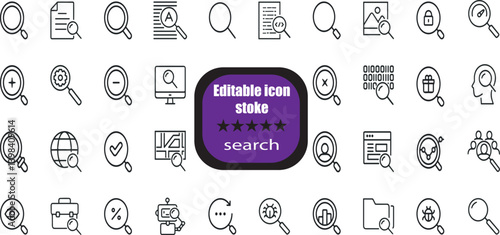 Search stroke line icon set. Containing magnifying glass, find, research, SEO and investigate icons