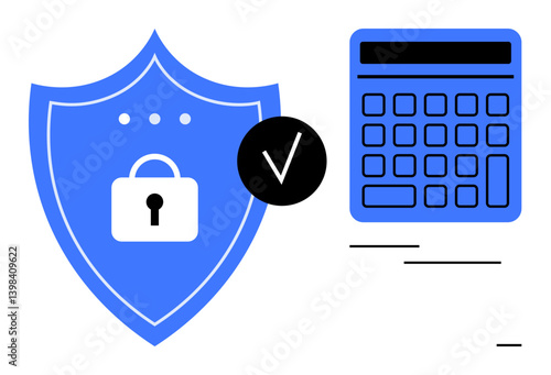 Blue shield with lock, checkmark symbol, and calculator emphasizing security, trust, and financial accountability. Ideal for cybersecurity, fintech, finance, privacy encryption audit digital