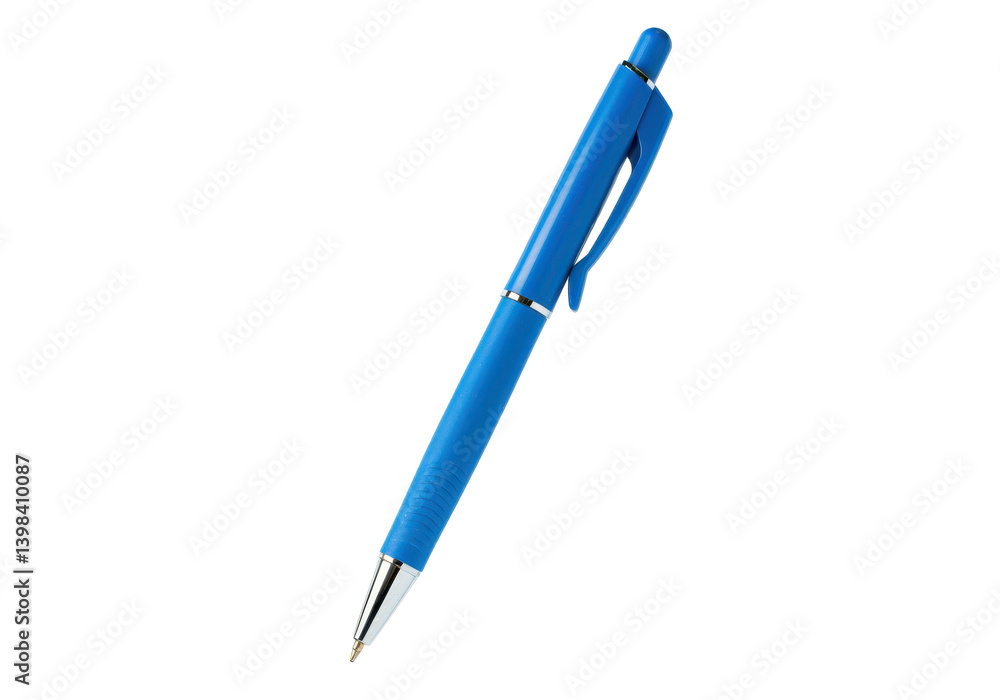 A blue ballpoint pen floating horizontally in mid-air against a solid white background A blue ballpoint pen floating horizontally in mid-air against a solid white background
