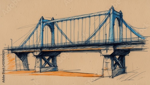 Bridge sketch. Blue and orange ink drawing of long bridge with tall support columns on tan paper background.