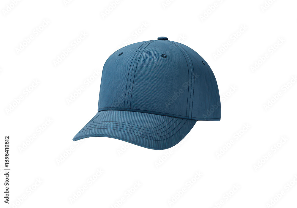 Fototapeta premium A blue baseball cap floating horizontally in mid-air against a solid white background, no shadow.