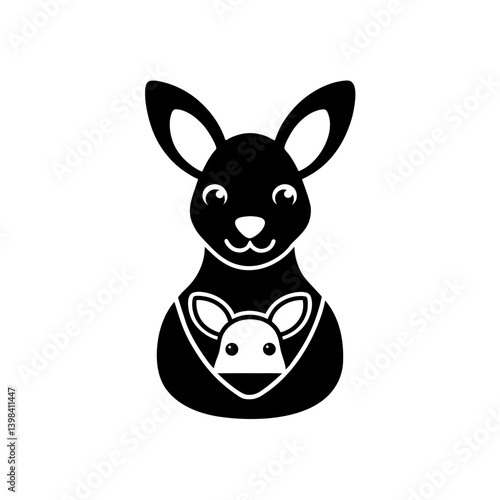 Black Silhouette Cute Kawaii Kangaroo Head with Big Ears and Baby vector illustration