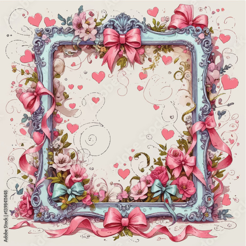 Vintage floral frame with pink roses and butterflies, a lovely vector design for a greeting card
