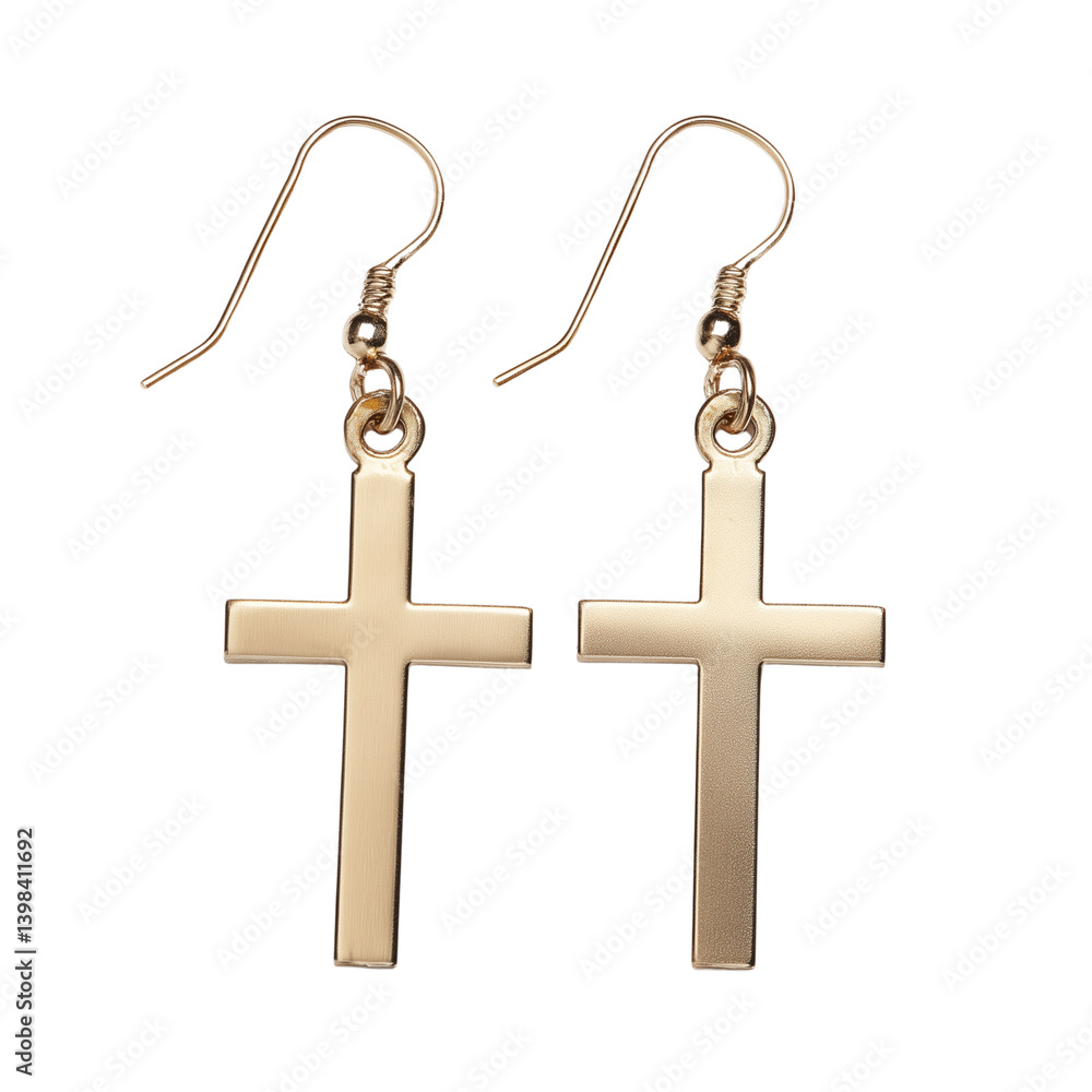 Gold cross dangle earrings with hook clasp isolated on white background