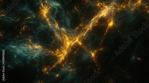 Abstract Cosmic Nebula Gold Teal Swirling Energy