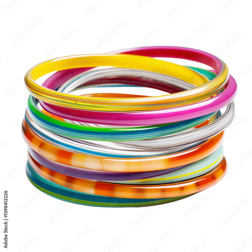 Colorful plastic bangle bracelets stacked and isolated on white background Colorful plastic bangle bracelets stacked and isolated on white background