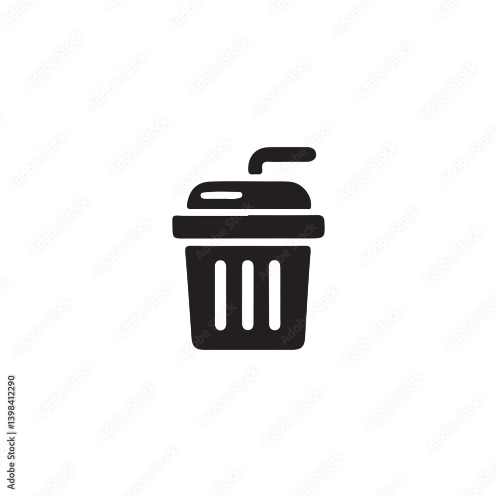 Simple black and white icon of a disposable cup in the trash.This is a graphic depiction of a disposable beverage cup, with a straw, being placed in a trash can. Simple black and white icon of a disposable cup in the trash.This is a graphic depiction of a disposable beverage cup, with a straw, being placed in a trash can.