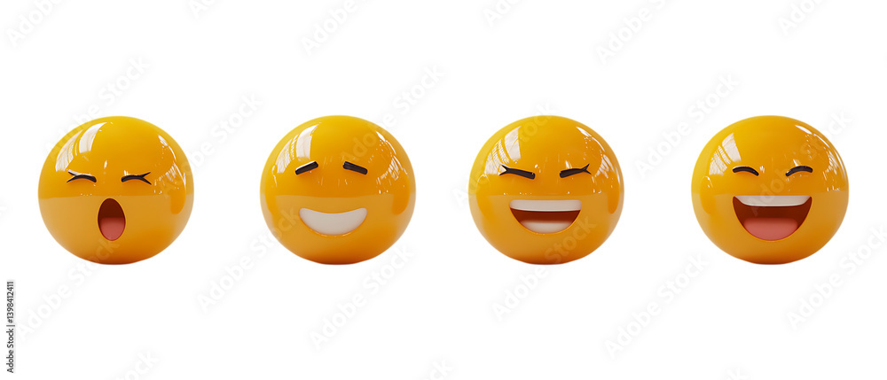 Fototapeta premium Four yellow smiley face emojis displaying different emotions are lined up isolated on a transparent background for marketing.