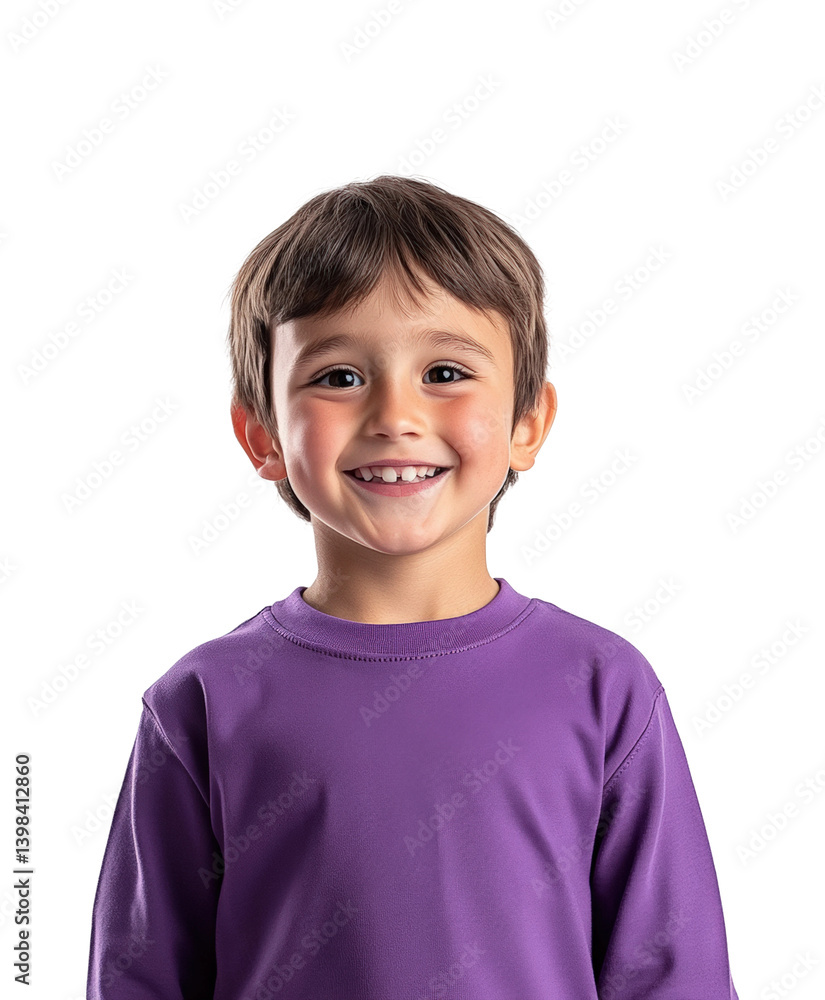 Smiling boy portrait bright happiness. Isolated on transparent background, png.