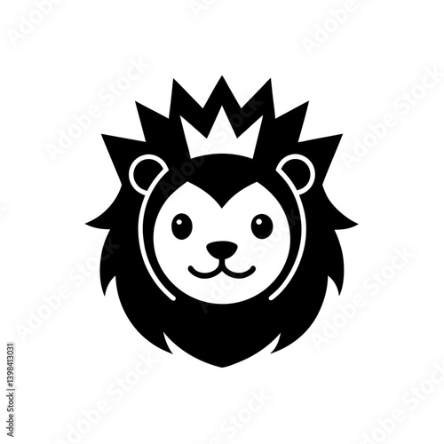 Black Silhouette Cute Kawaii Lion Head with Tiny Crown and Proud Smile vector illustration