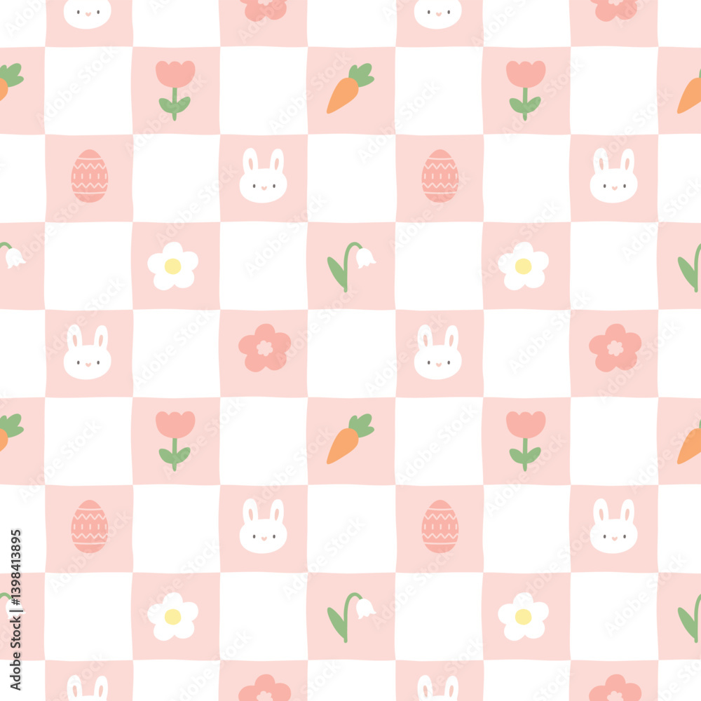 Seamless checkered easter pattern with bunny, egg, carrot,flower vector print. Seamless checkered easter pattern with bunny, egg, carrot,flower vector print.