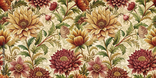 Beautiful floral pattern featuring rich chrysanthemums in warm colors.