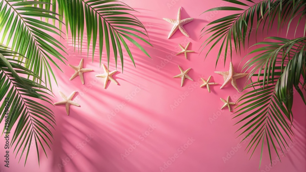 Pink Background with Golden Starfish and Palm Fronds Creating a Summery Vibe Pink Background with Golden Starfish and Palm Fronds Creating a Summery Vibe