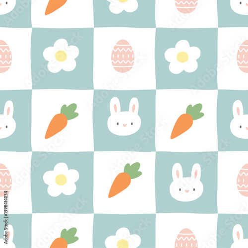 Seamless checkered easter pattern with bunny, egg, carrot,flower vector print. 
